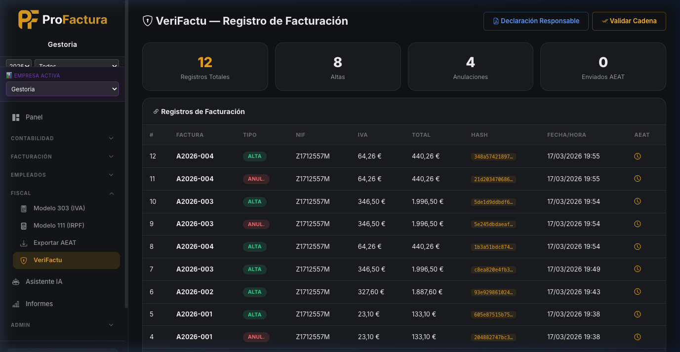 VeriFactu envío AEAT en ProFactura