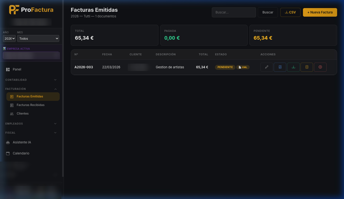 Pantalla de facturas emitidas en ProFactura